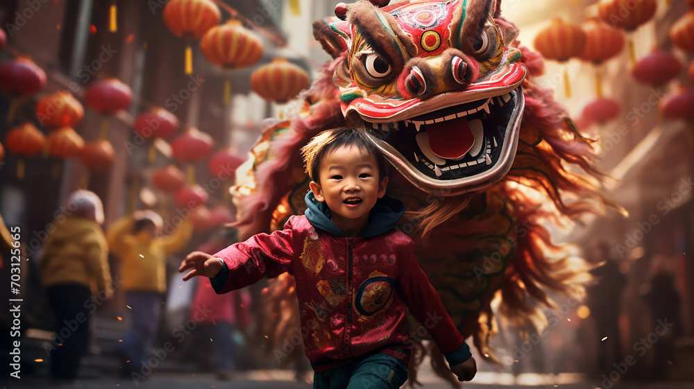 Chinese little boy in traditional costume at Chinese New Year parade in Beijing, China
