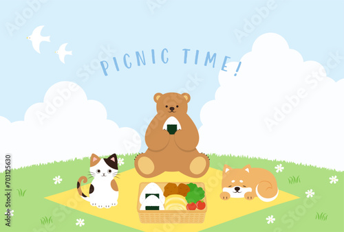 spring vector background with a bento box, cat, bear and dog having a picnic on a green field for banners, cards, flyers, social media wallpapers, etc.