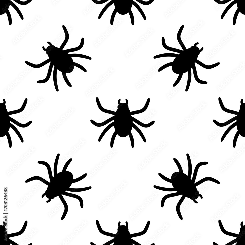 Seamless vector monochrome pattern with spiders. Simple black and white insect silhouette backdrop