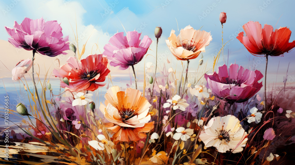 Poppies and daisies on a background of blue sky.