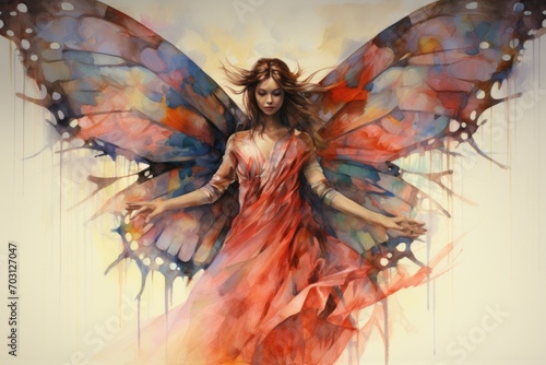 Fantasy portrait of a beautiful fairy with red hair and wings, Magic wings in watercolor, AI Generated