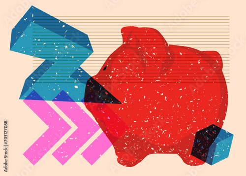 Risograph Piglet with geometric shapes. Objects in trendy riso graph print texture style design with geometry elements.