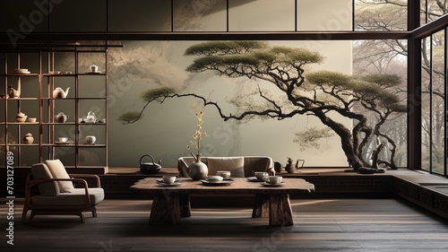 A concise and elegant chinese zen tea house des Ai generated art photo