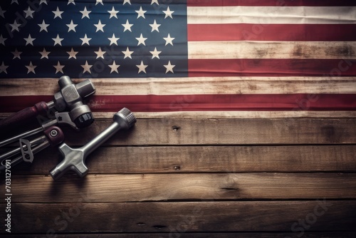 American flag with vintage camera on wooden background. Labor day concept, Mechanic tools and the USA flag on a wooden background, copy space, AI Generated