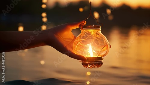 Closeup of a hand releasing a lantern onto the water, the warm glow of the flame contrasting against the coolness of the river.