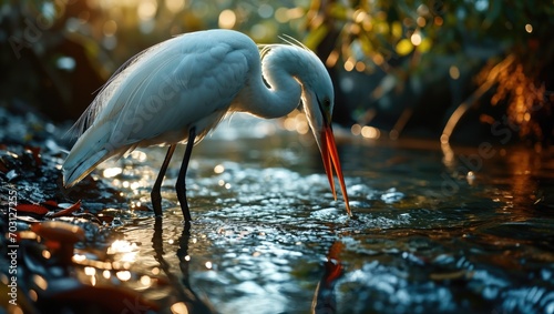Eastern great egret bird on the surface of the water, natural wildlife environment photo