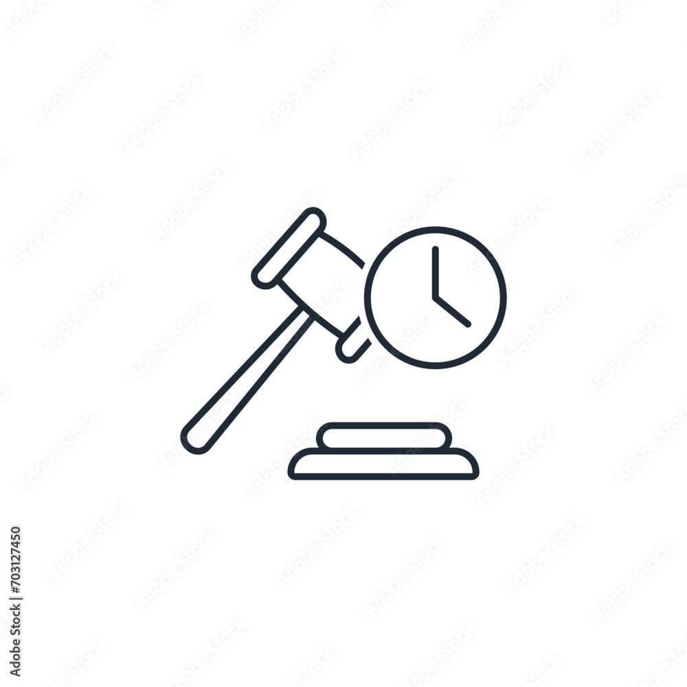 Clock and court. Time for trial. Vector linear icon illustration isolated on white background. Clock and court. Time for trial. Vector linear icon illustration isolated on white background.