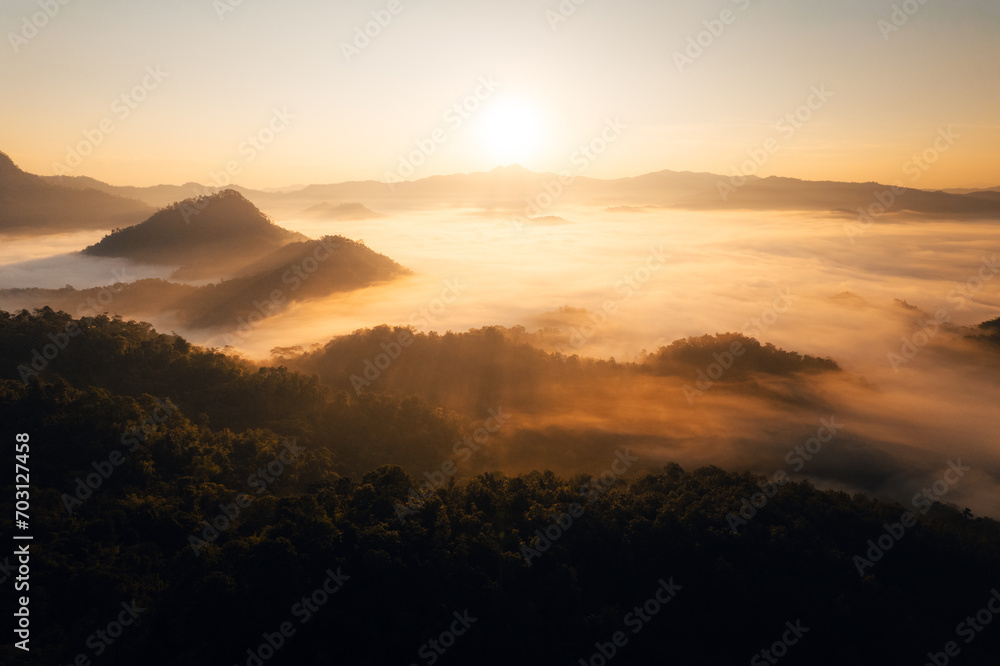 Aerial view of forest and mountain in fog with golden sunbeams at sunrise