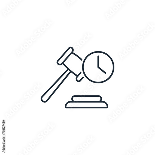 Clock and court. Time for trial. Vector linear icon illustration isolated on white background.