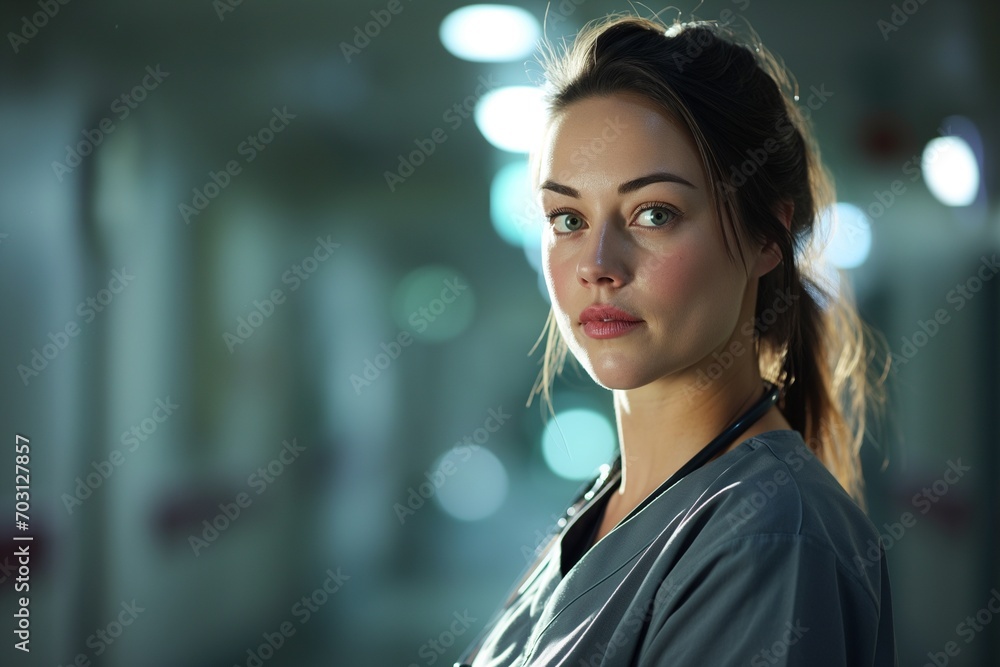 Obraz premium Portrait of a woman about 30 years old in a gray nurse uniform in a hospital