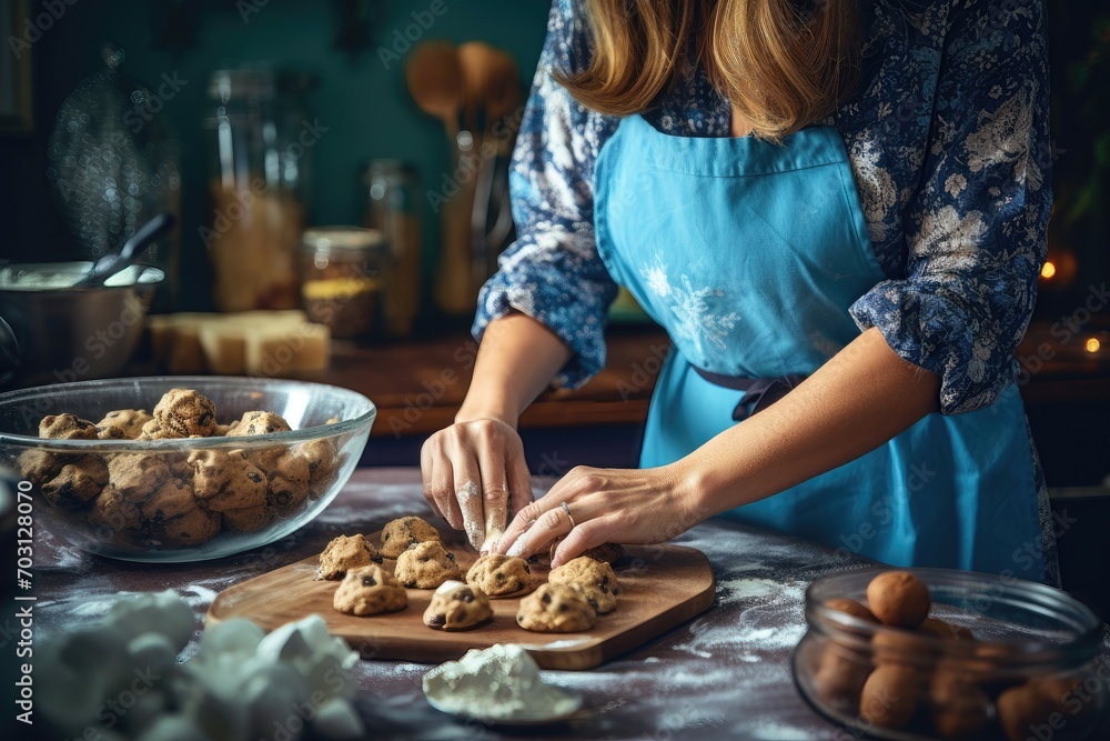 Woman in blue apron shaping cookie dough on wooden board in kitchen.