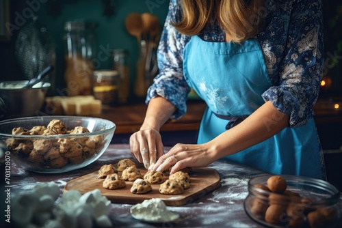 Woman in blue apron shaping cookie dough on wooden board in kitchen.