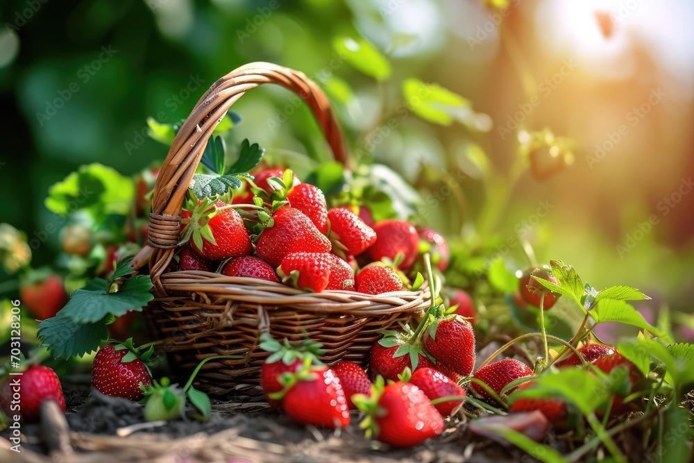 Basket of ripe strawberries in on sunny day. Basket of ripe strawberries in on sunny day.