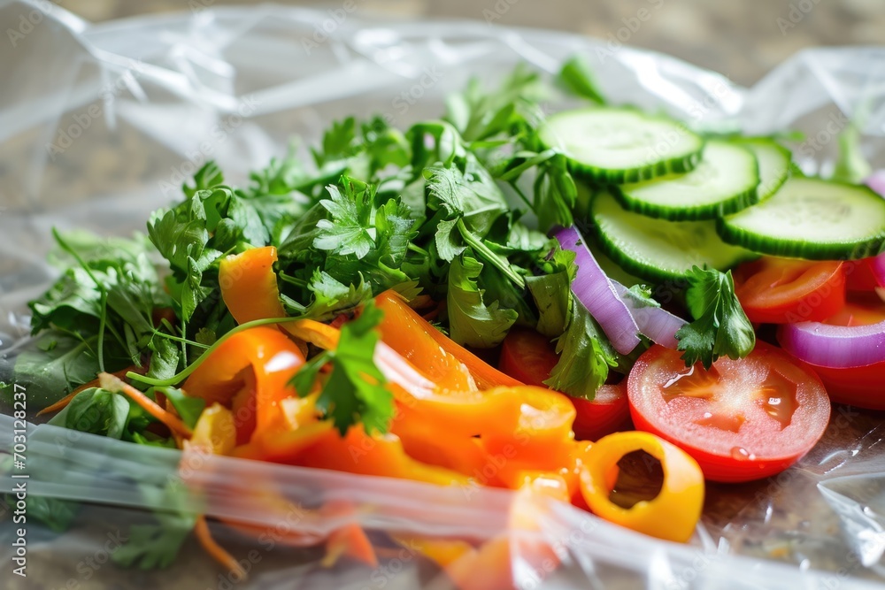 Fresh chopped salad vegetable in plastic food bag.