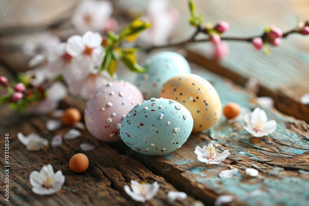 Easter eggs with cherry blossom branch on table, closeup. Happy Easter.
