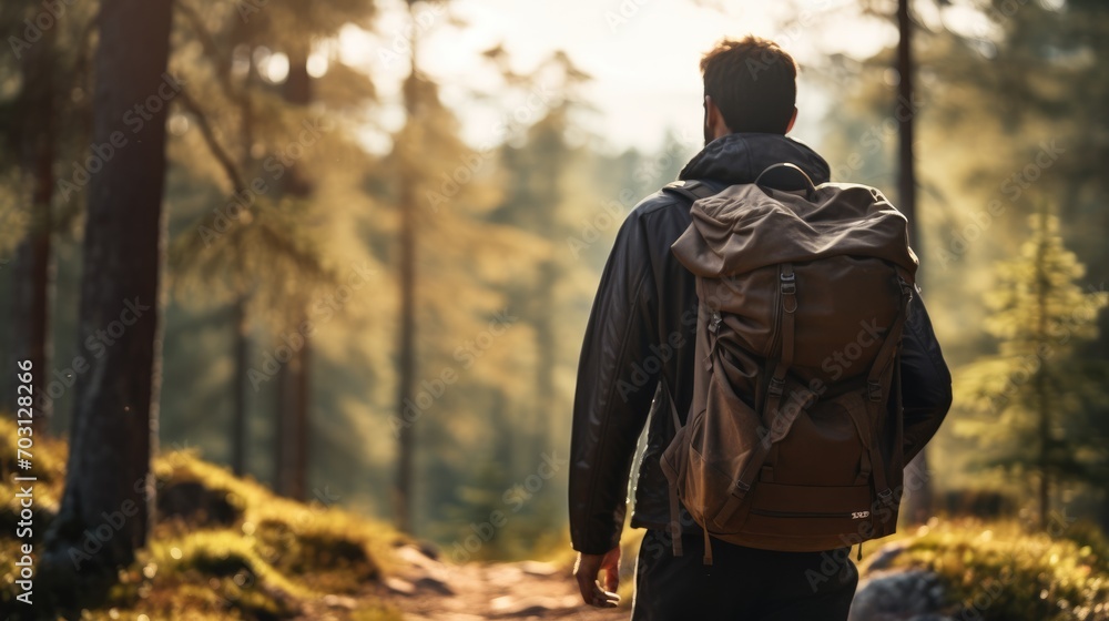 Man with backpack is walking along a forest path