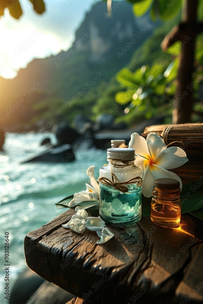 Fototapeta premium Of spa skin care product on wooden table with flower on top and nature island landscape as background. Generative AI.