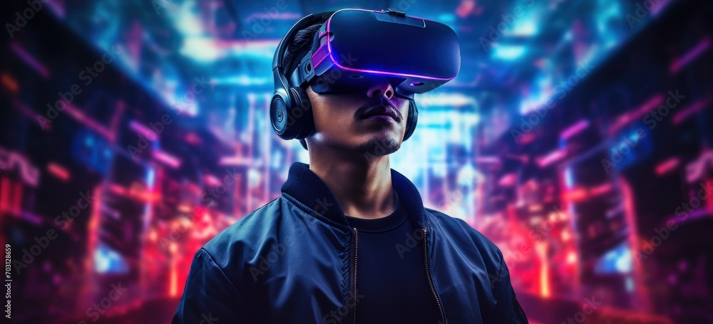 Professional gamer enjoying a virtual reality game with high-tech VR gear against a sleek futuristic neon backdrop. Professional gamer enjoying a virtual reality game with high-tech VR gear against a sleek futuristic neon backdrop.