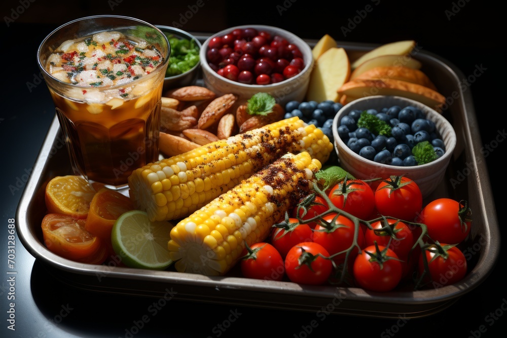 Vibrant Snack Tray with Grilled Corn, Fresh Berries, and Sweet Tea