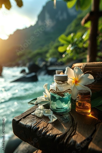 Of spa skin care product on wooden table with flower on top and nature island landscape as background. Generative AI.