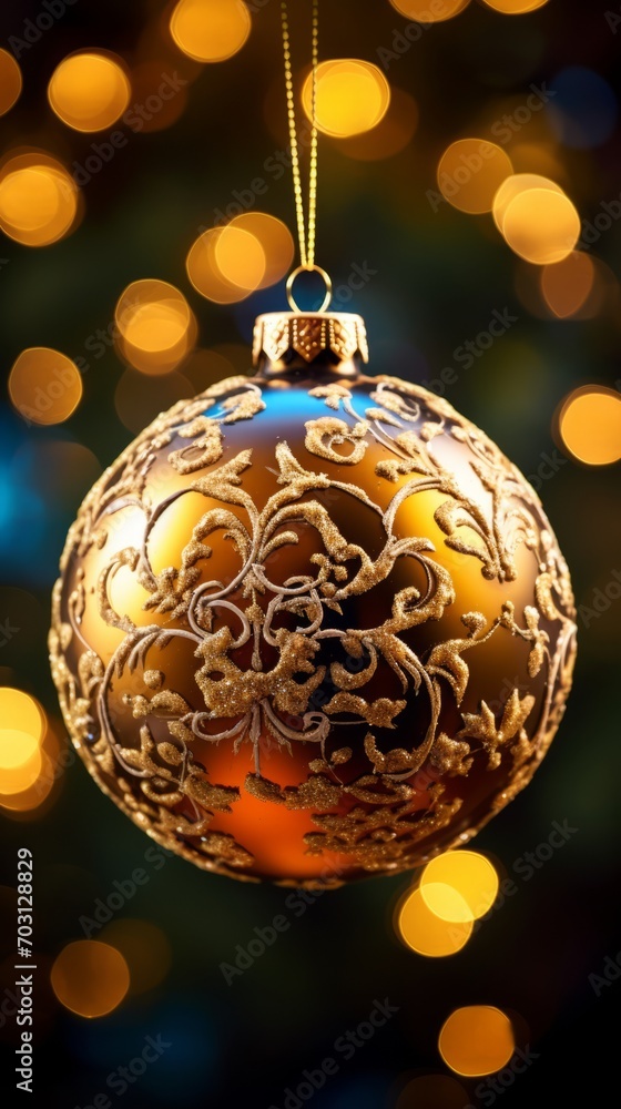 Golden Ornament Hanging from Christmas Tree Golden Ornament Hanging from Christmas Tree