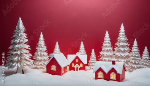  a red and white christmas scene with snow covered trees and a small red house in the foreground with a red wall in the background and a red wall in the background.