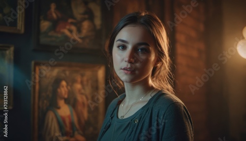  a woman standing in a room with paintings on the wall and a lamp in the corner of the room above her is a portrait of a woman with a serious look on her face.