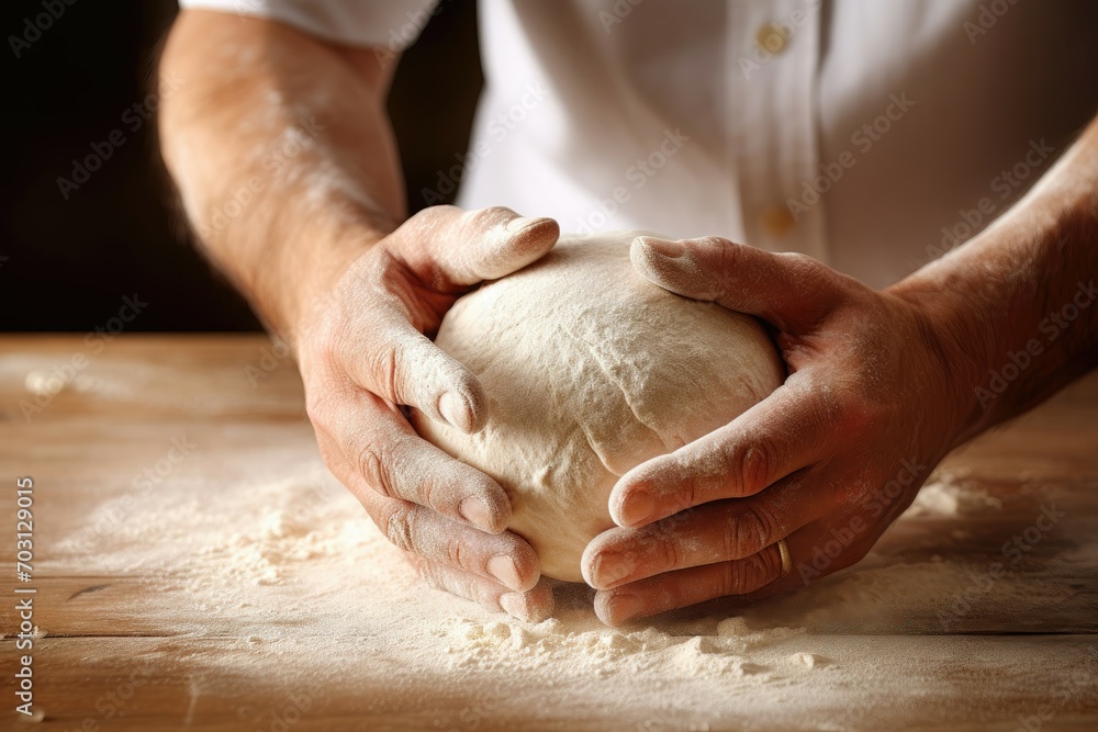 Hands pressing dough on a flour-covered board.