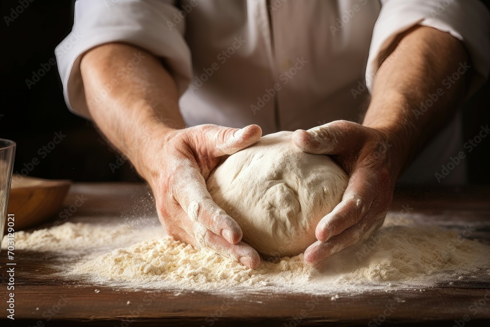Baker's hands forming bread dough on a rustic table.