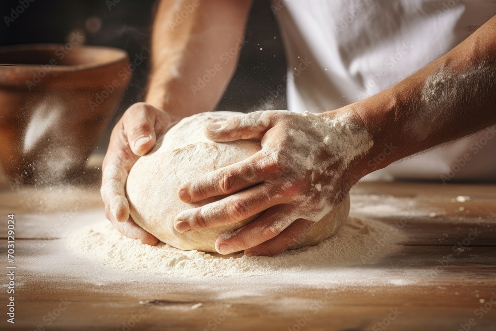 Baker's hands shaping dough on a flour-dusted surface.