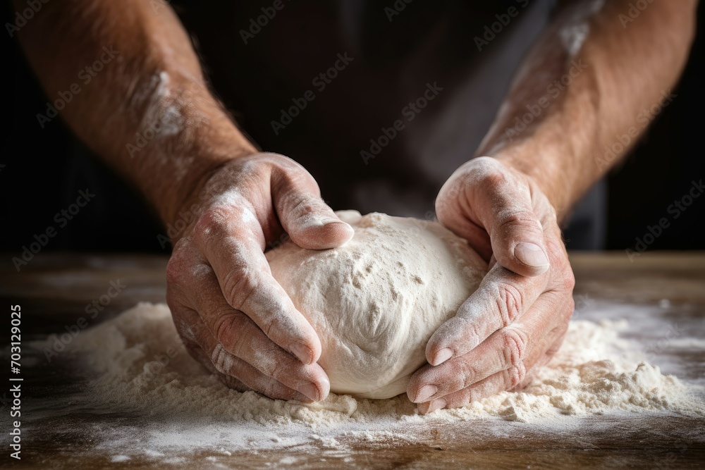 Close-up of baker shaping dough on wooden surface.