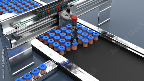 palletising robot, linear pickup and assembly for workpieces, sorting machine, 3d rendering photo