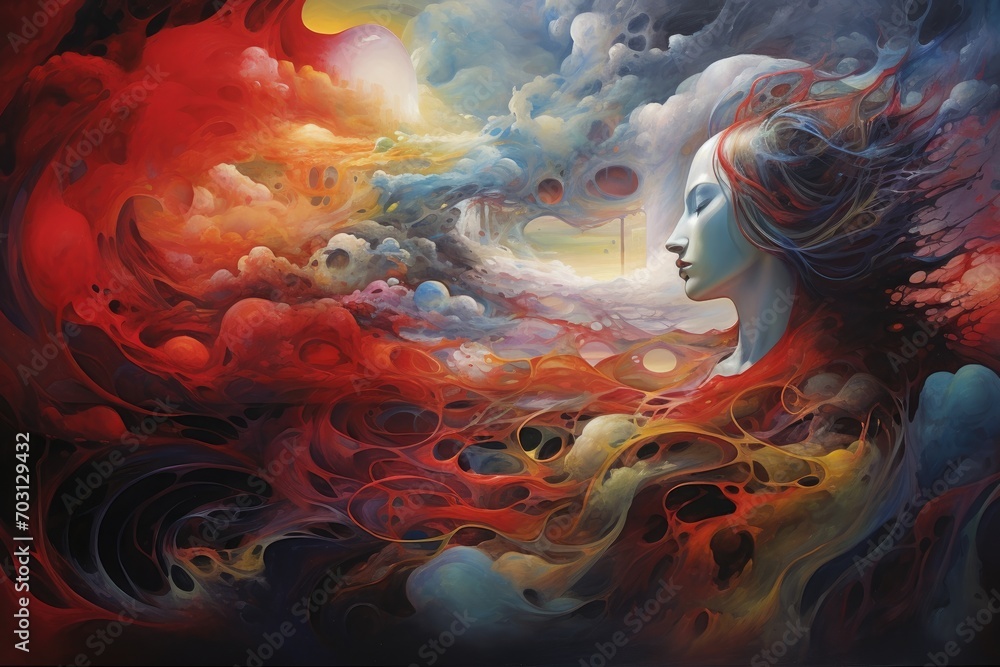 Fototapeta premium Surreal painting. Portrait of a beautiful woman in the space, Paradigm of Mind painting, AI Generated