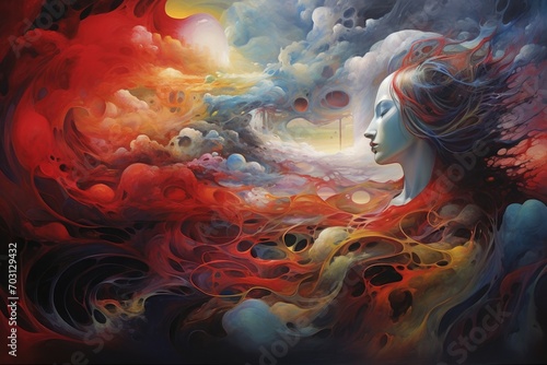 Surreal painting. Portrait of a beautiful woman in the space, Paradigm of Mind painting, AI Generated