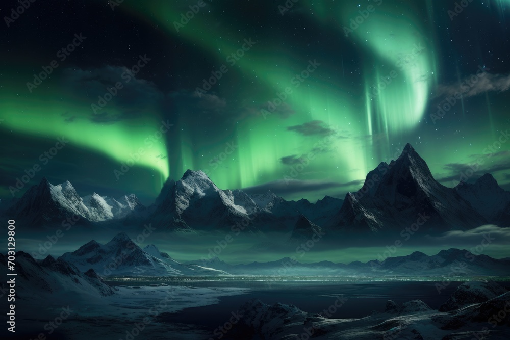 Aurora borealis in the night sky over Lofoten islands, Norway, Northern Lights above mountains, AI Generated