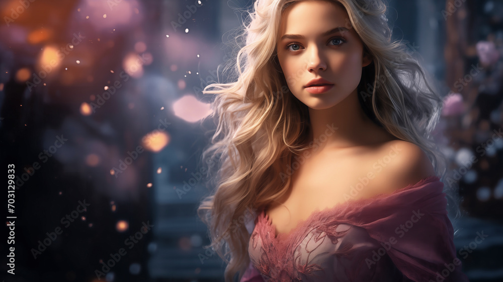 Fantasy Elegance : Portrait of a blonde woman wearing a fantasy pink open shoulder dress
