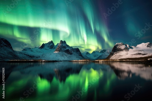 Aurora borealis in the night sky. 3d render, Northern Lights above mountains, AI Generated