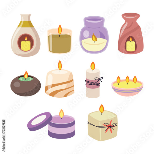 Scent Candle set, Candles in candlesticks, Decorative burning candle in holder, Candlelight flame, Pillar, jar candle, square aromatherapy, multi wick. Decorative wax candles for relax and spa.