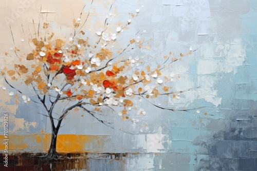 Painting of tree with white leaves. Oil painting on canvas, Oil paint texture with brush and palette knife strokes, AI Generated