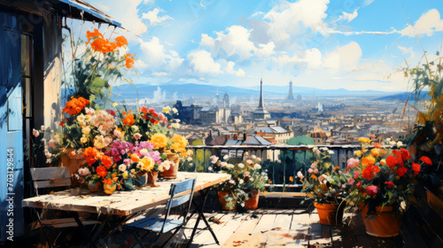 View of the city from the terrace of a cafe with flowers.