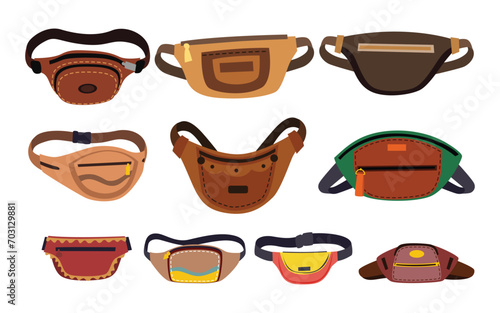 Waist bag set collection, handbag with various pockets and accessories, fashion nylon purse with belt buckle, stylish summer accessory, fanny pack, Zipped pouch bag. Cartoon old school nylon belt bag.