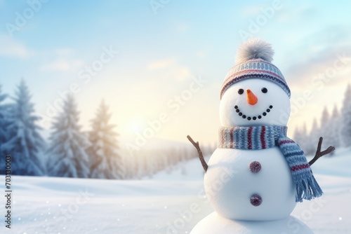 Snowman in winter forest at sunset. Christmas and New Year background, Panoramic view of a happy snowman in winter scenery with copy space, AI Generated © Ifti Digital
