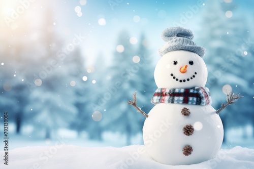 Snowman in winter forest. Christmas and New Year holidays background, Panoramic view of a happy snowman in winter scenery with copy space, AI Generated