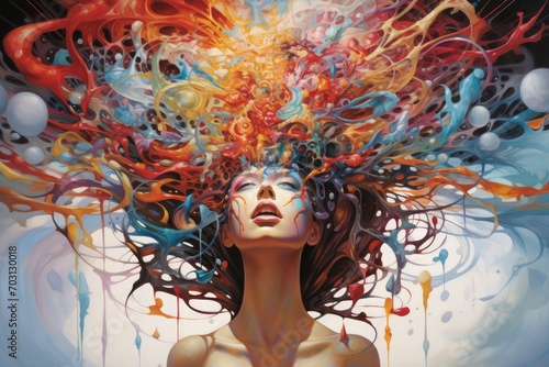 Beautiful young woman with colorful hair and splashes of paint, Paradigm of Mind painting, AI Generated