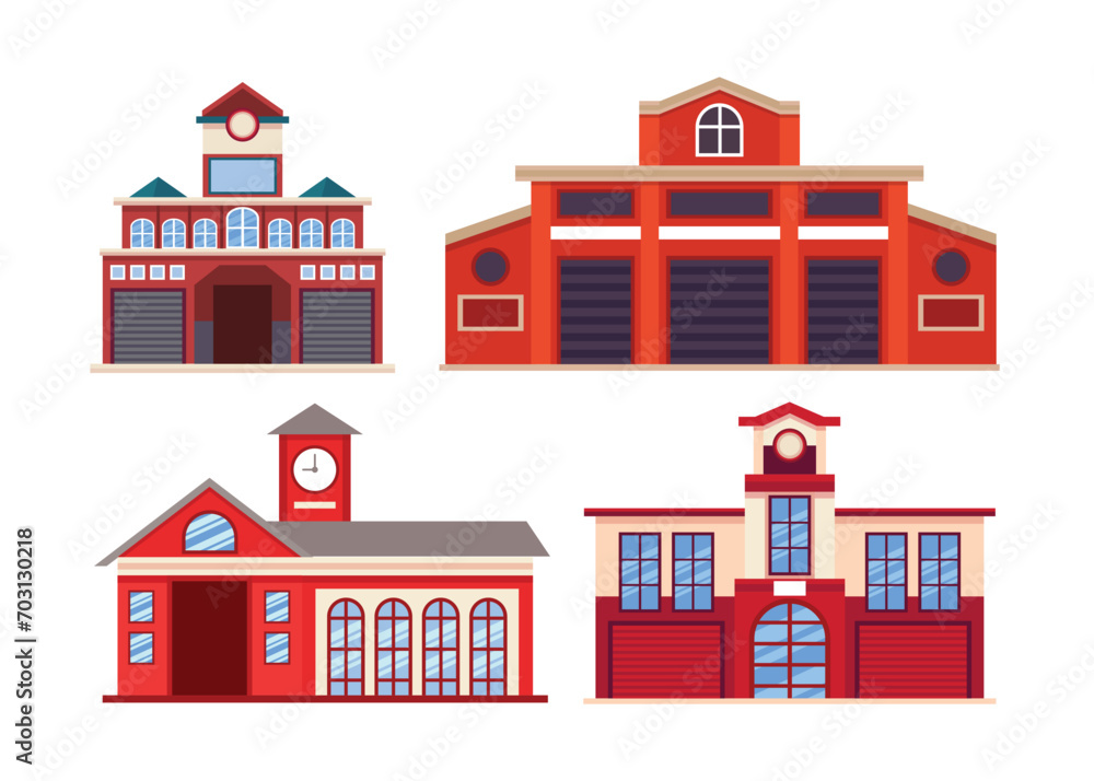 Set of Fire Station Building Collection, Firehouse department, Fire department house facade and red emergency, isolated on white background, vector illustration, flat style. Set of Fire Station Building Collection, Firehouse department, Fire department house facade and red emergency, isolated on white background, vector illustration, flat style.