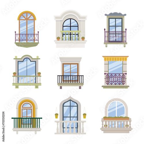 House and apartment building balconies set collection, Apartment terrace with windows and plants,  elements for construction,Isolated cartoon set icon balcony, balcony door or window.
