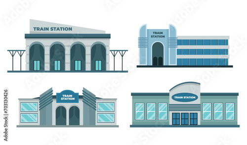 Set of Icons Railway Station Building Platform collection, train station or railroad station architecture Facades, modern exterior, Isolated on White Background. Cartoon Vector Illustration.