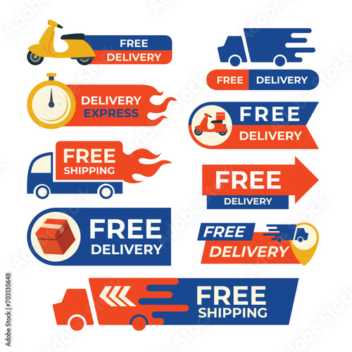 Free delivery label design sale promotion collection, Free Delivery badge sticker set, Free shipping order icon vector with scooter, truck and package gift, vector illustration.