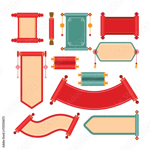 Chinese Hanging scroll set, Oriental Vintage asian scrolls, blank Chinese ancient, Cartoon isolated Asian ancient parchment rolls collection, golden and red royal paper letter, vector illustration