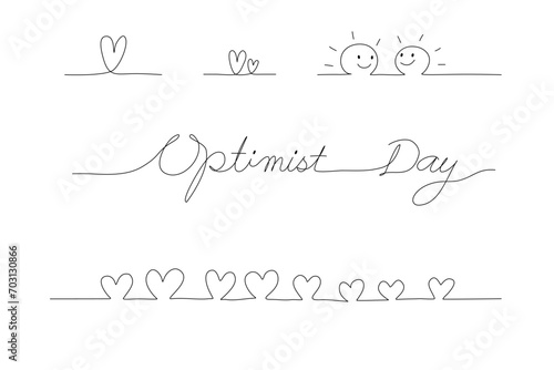 Set of heart elements for design in line drawing style and continuous line of optimist day calligraphy.